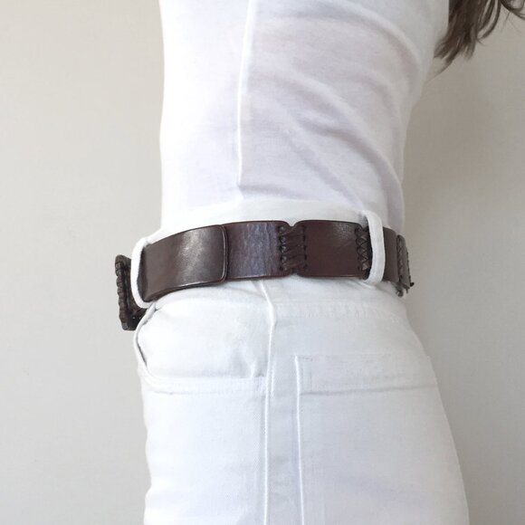 Vintage Handcrafted Leather Belt with Woven Buckle, Rustic Brown Real Leather - Picture 5 of 10
